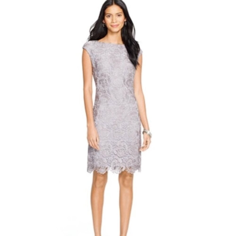 Lauren Ralph Lauren, Evening, Silver Gray Lace Overlay Sheath Dress Size 2 NWOT